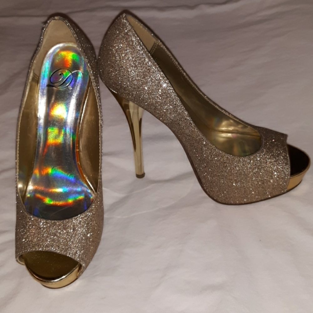 D‎ Brand Metallic Glitter Bling Open Toe Heels 7